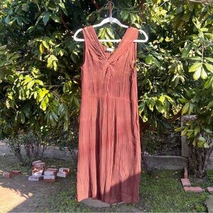 LANCE KARESH vintage brown sheer silk pleated pin tuck bow tie detail midi